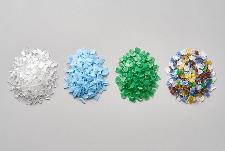 Clear, light-blue, green and mixed-colour PET flakes side by side
