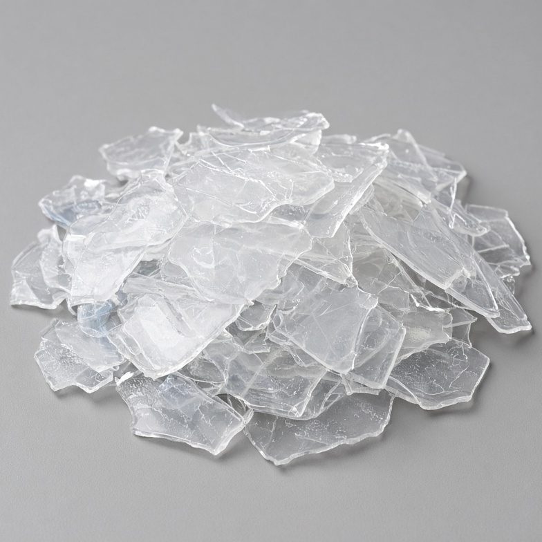 Clear PET flakes close-up Clear PET flakes close-up showing flake size and transparency