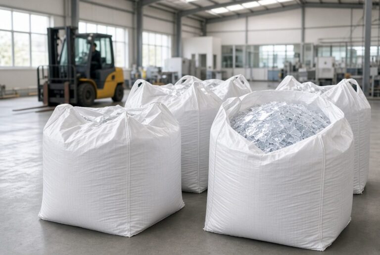 One-tonne jumbo bags of PET flakes ready for loading